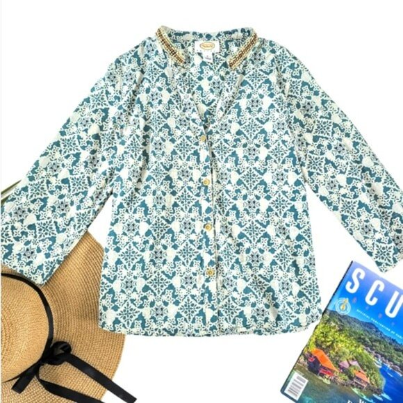 Talbots Women's Blouse Size Small Petite SP Blue Green Tropical Wood Beading - Picture 15 of 15